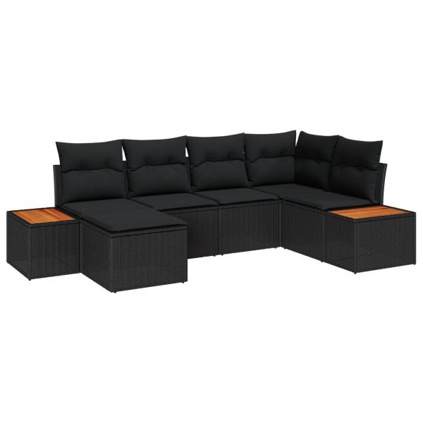 6-teiliges Garten Sofa Set mit Kissen Schwarz Poly Rattan Akazie
