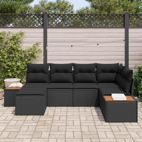 6-teiliges Garten Sofa Set mit Kissen Schwarz Poly Rattan Akazie