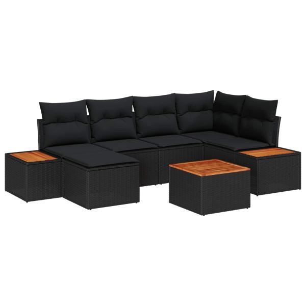 7-teiliges Garten Sofa Set mit Kissen Schwarz Poly Rattan Akazie