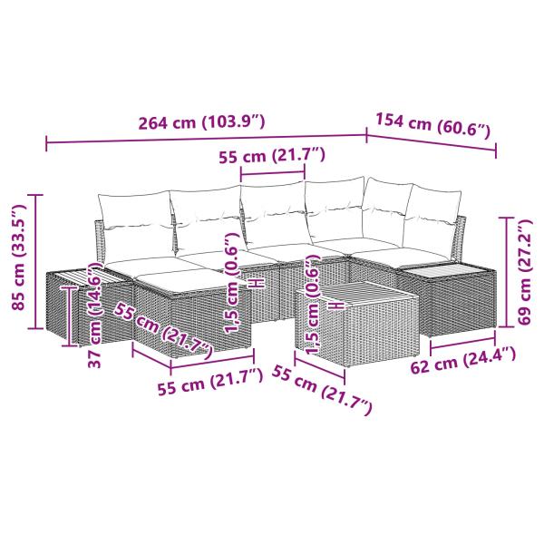 7-teiliges Garten Sofa Set mit Kissen Schwarz Poly Rattan Akazie