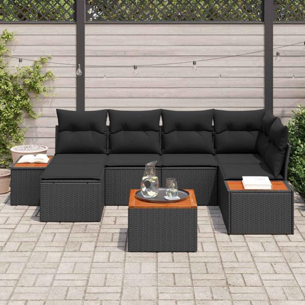 7-teiliges Garten Sofa Set mit Kissen Schwarz Poly Rattan Akazie