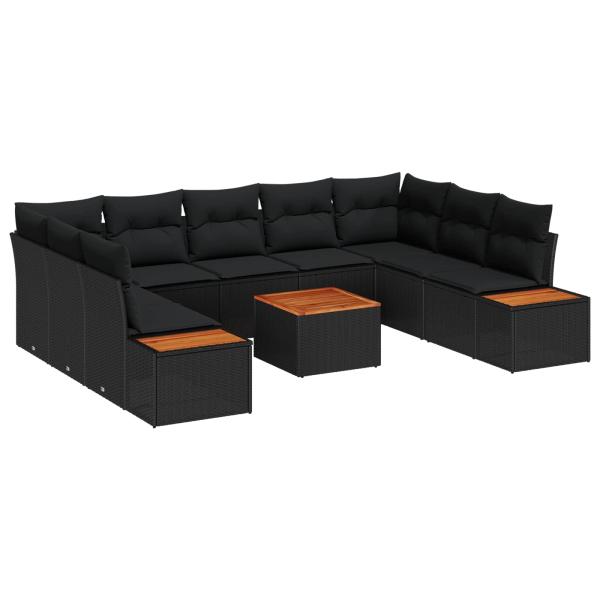 ARDEBO.de - 10-teiliges Garten-Sofa-Set mit Kissen Schwarz Poly-Rattan Akazie