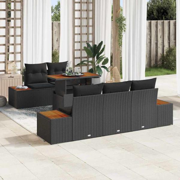 ARDEBO.de - 6-teilige Garten-Essgruppe mit Kissen Schwarz Poly Rattan Akazie