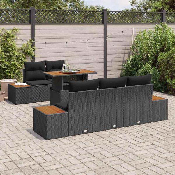 6-teilige Garten-Essgruppe mit Kissen Schwarz Poly Rattan Akazie