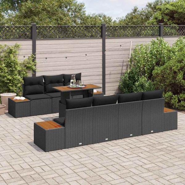 8-teiliges Garten-Esstisch-Set mit Kissen Schwarz Poly-Rattan Akazie