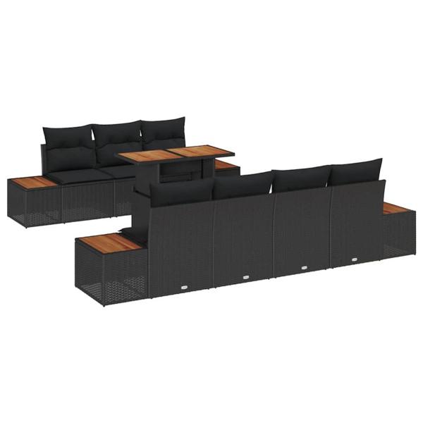 8-teiliges Garten-Esstisch-Set mit Kissen Schwarz Poly-Rattan Akazie