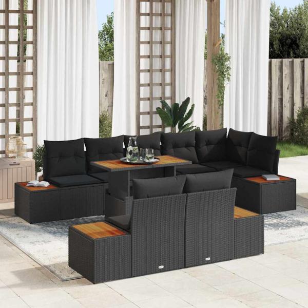 ARDEBO.de - 9-teiliges Garten Essbereich mit Kissen Schwarz Poly Rattan Akazie