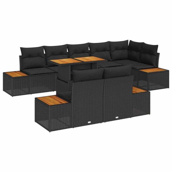 9-teiliges Garten Essbereich mit Kissen Schwarz Poly Rattan Akazie