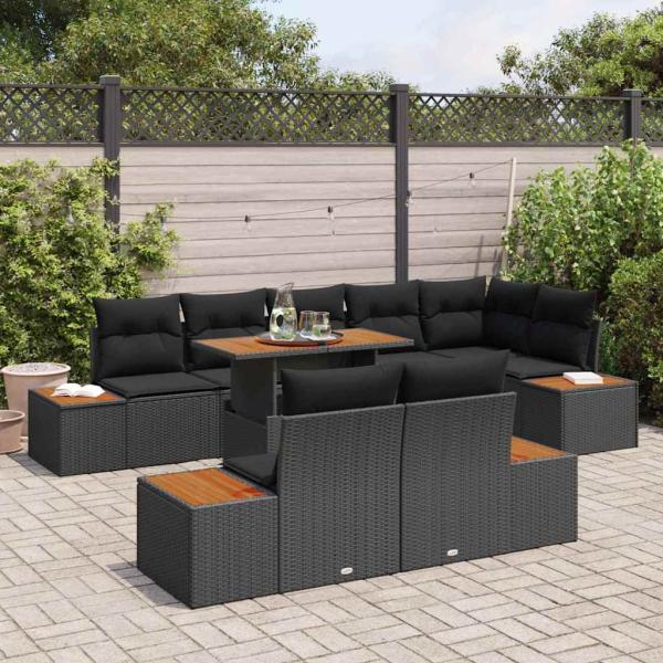 9-teiliges Garten Essbereich mit Kissen Schwarz Poly Rattan Akazie