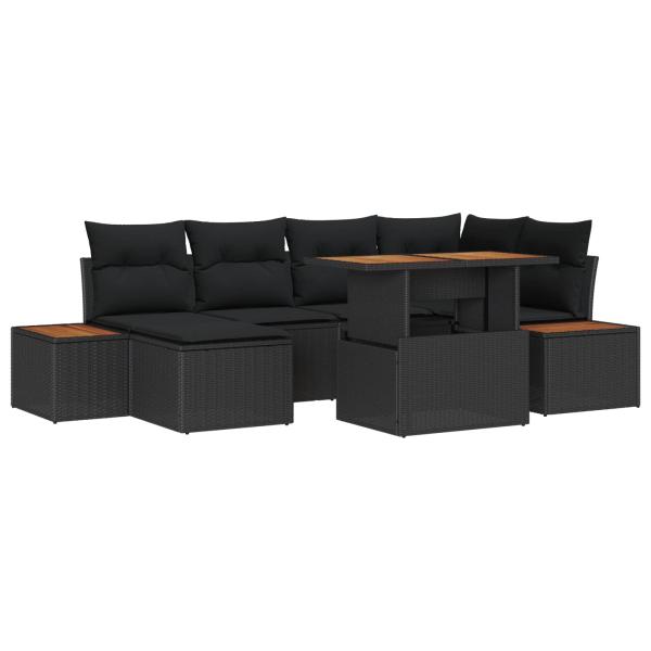 ARDEBO.de - 7-teiliges Garten Esstisch Set mit Kissen Schwarzes Poly Rattan Akazie