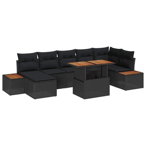 ARDEBO.de - 8-teiliges Garten Esszimmer Set mit Kissen Schwarz Poly Rattan Akazie