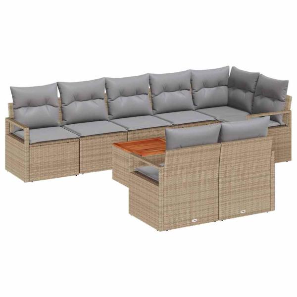 9-teiliges Garten-Sofa-Set mit Kissen Beige Poly Rattan Akazie