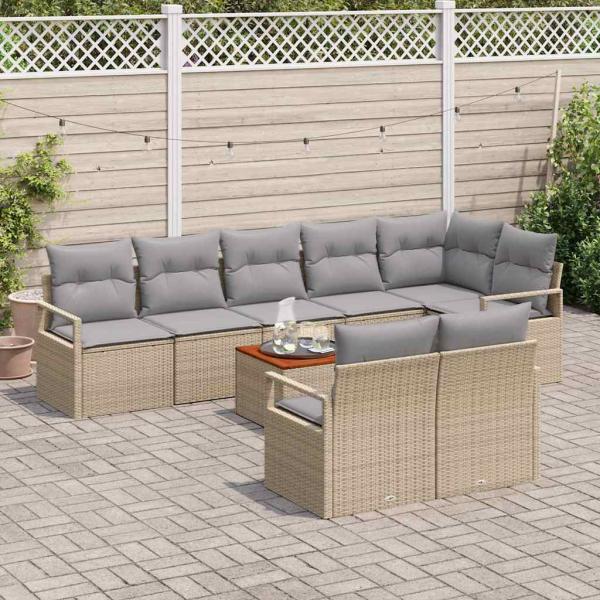 9-teiliges Garten-Sofa-Set mit Kissen Beige Poly Rattan Akazie