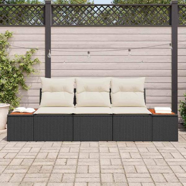 3-teiliges Garten-Sofa-Set mit Kissen Schwarz Poly-Rattan Akazie