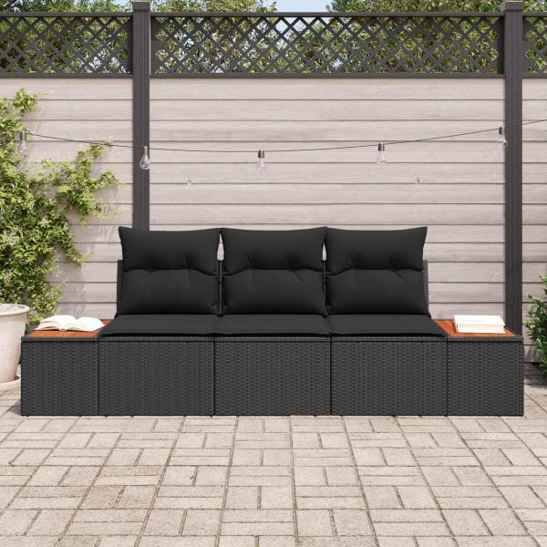 3-teiliges Garten-Sofa-Set mit Kissen Schwarz Poly Rattan Akazie