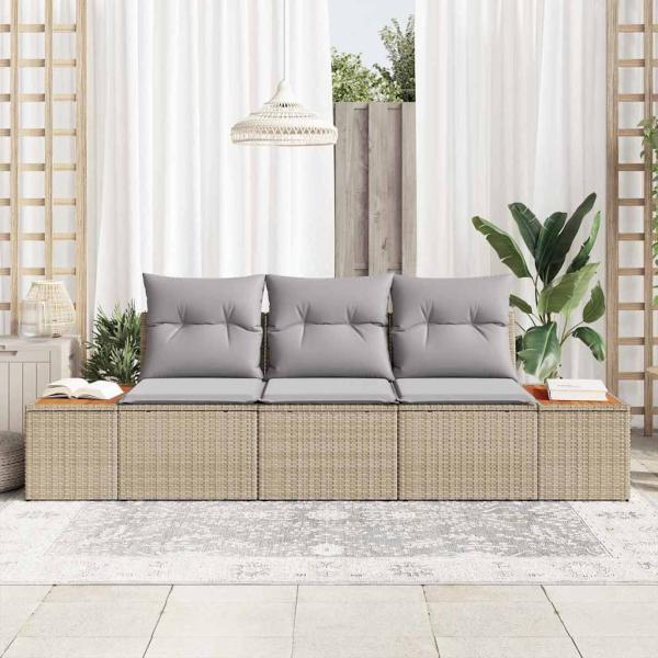 3-teilige Garten-Sofa-Set mit Kissen Beige Poly Rattan Akazie
