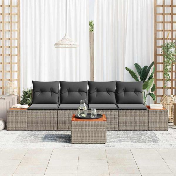 5-teiliges Gartensofa-Set mit Kissen Grau Poly Rattan Akazie