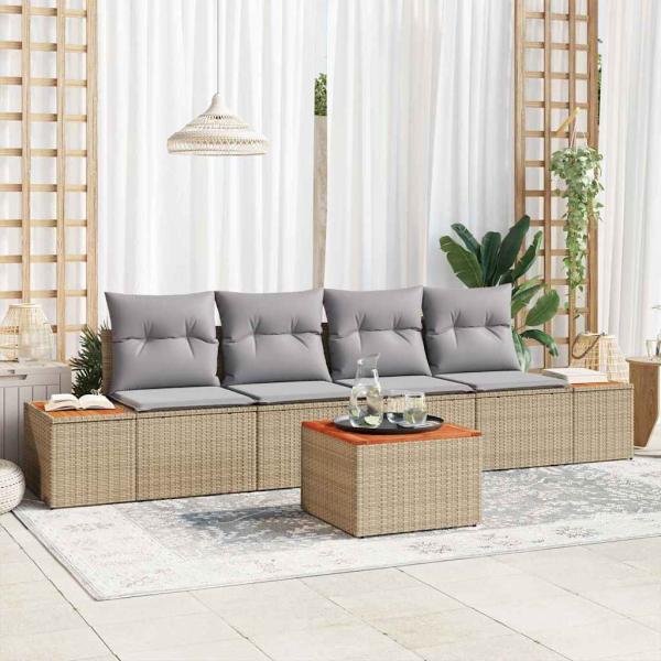 ARDEBO.de - 5-teiliges Garten-Sofa-Set mit Kissen Beige Poly Rattan Akazie