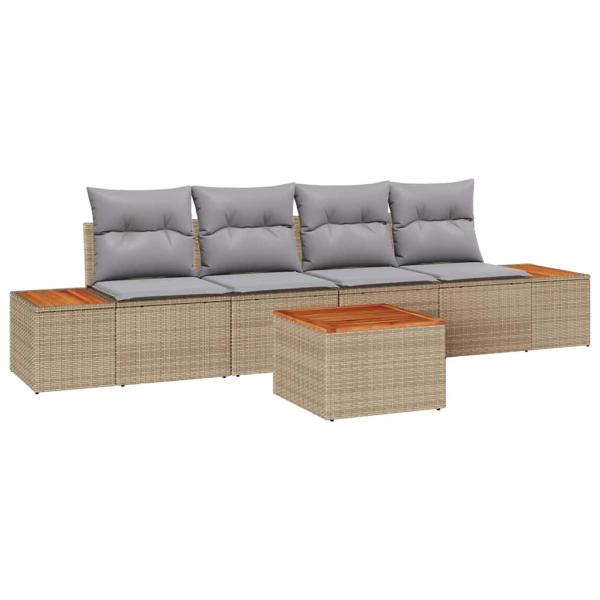 5-teiliges Garten-Sofa-Set mit Kissen Beige Poly Rattan Akazie