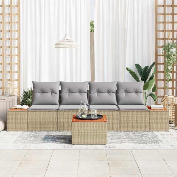 5-teiliges Garten-Sofa-Set mit Kissen Beige Poly Rattan Akazie