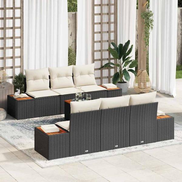 ARDEBO.de - 7-teiliges Garten Sofa Set mit Kissen schwarzes Poly Rattan Akazie