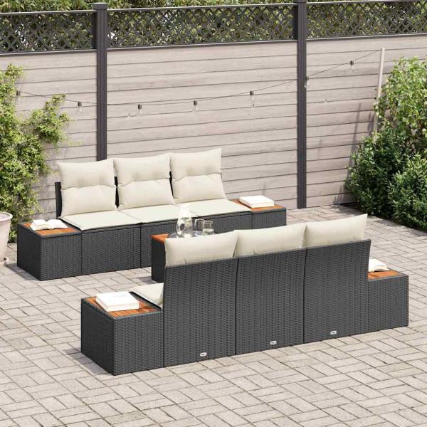 7-teiliges Garten Sofa Set mit Kissen schwarzes Poly Rattan Akazie