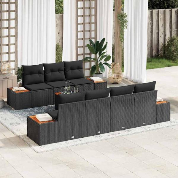 ARDEBO.de - 8-teiliges Garten Sofa Set mit Kissen Schwarz Poly Rattan Akazie