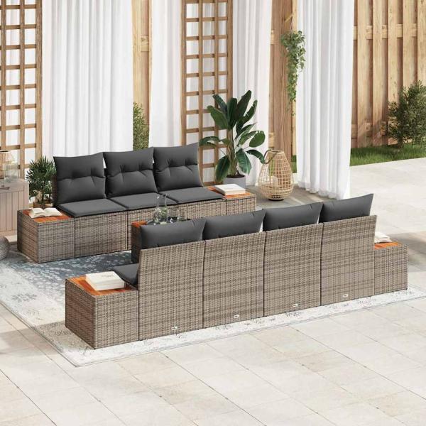 ARDEBO.de - 8-teiliges Garten-Sofa-Set mit Kissen Grau Poly-Rattan Akazie