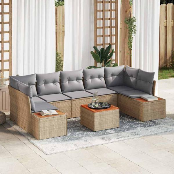 ARDEBO.de - 8-teiliges Garten-Sofa-Set mit Kissen Beige Poly Rattan Akazie