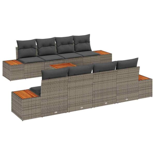 9-teiliges Garten Sofa Set mit Kissen Grau Poly Rattan Akazie