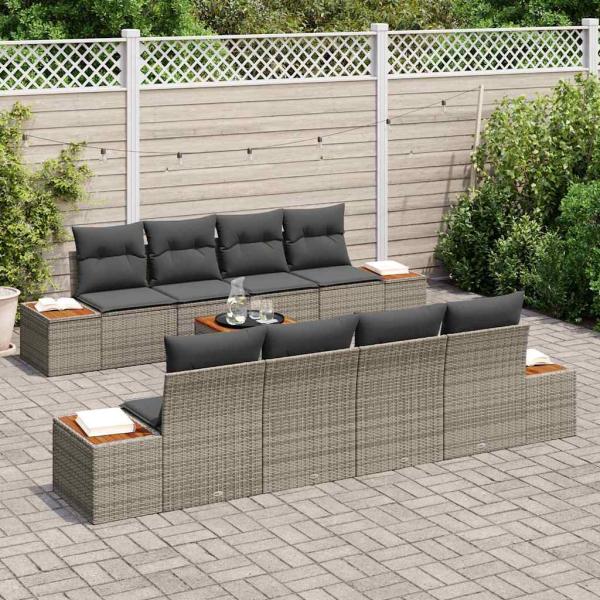 9-teiliges Garten Sofa Set mit Kissen Grau Poly Rattan Akazie