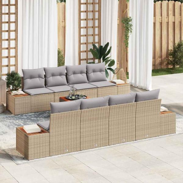 ARDEBO.de - 9-teiliges Garten Sofa Set mit Kissen Beige Poly Rattan Akazie