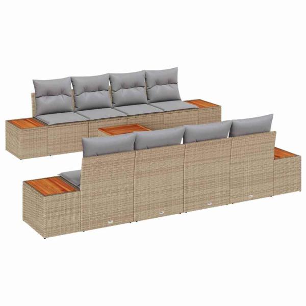 9-teiliges Garten Sofa Set mit Kissen Beige Poly Rattan Akazie