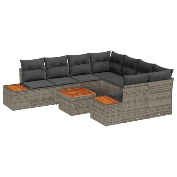 9-teiliges Garten Sofa Set mit Kissen Grau Poly Rattan Akazie
