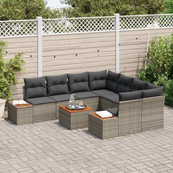 9-teiliges Garten Sofa Set mit Kissen Grau Poly Rattan Akazie