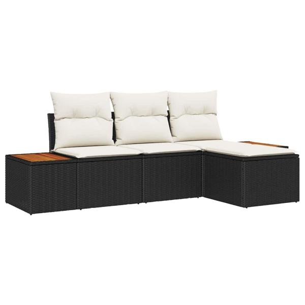 4-teiliges Garten Sofa Set mit Kissen Schwarz Poly Rattan Akazie