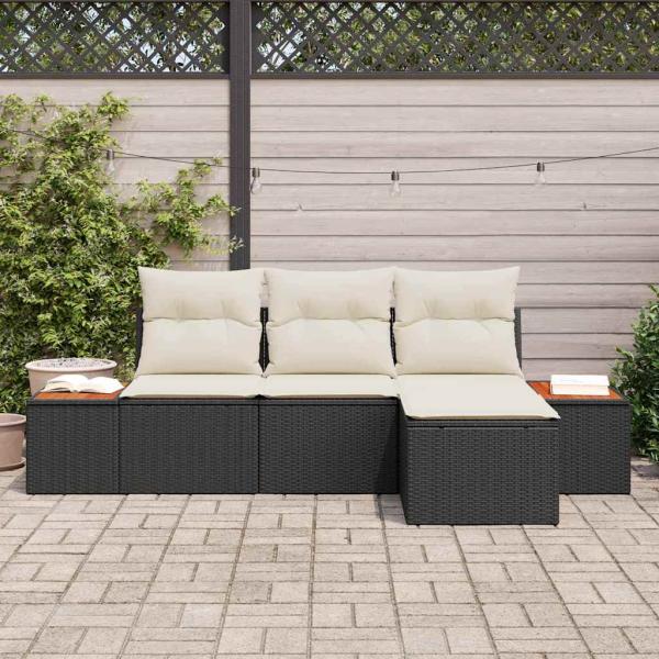4-teiliges Garten Sofa Set mit Kissen Schwarz Poly Rattan Akazie