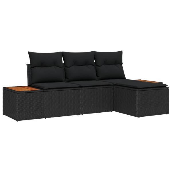 4-teiliges Garten-Sofa-Set mit Kissen Schwarz Poly Rattan Akazie