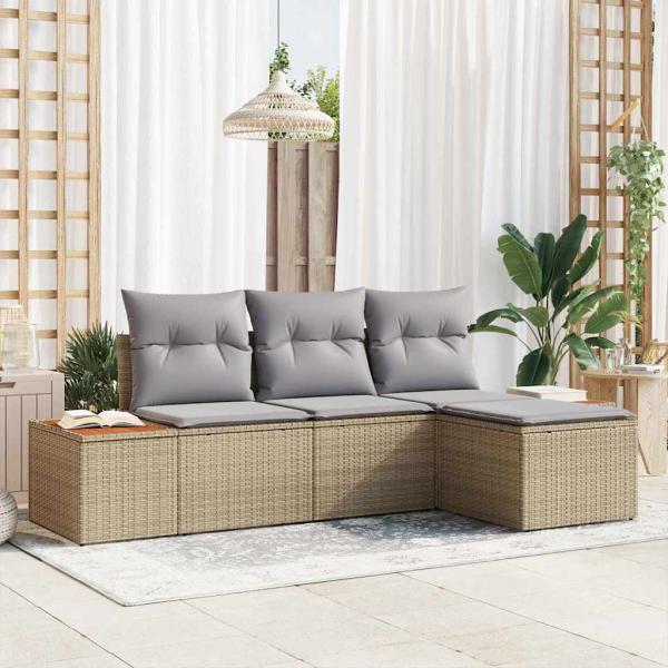 ARDEBO.de - 4-teiliges Garten Sofa Set mit Kissen Beige Poly Rattan Akazie