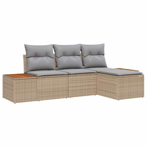 4-teiliges Garten Sofa Set mit Kissen Beige Poly Rattan Akazie