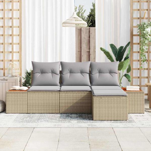 4-teiliges Garten Sofa Set mit Kissen Beige Poly Rattan Akazie