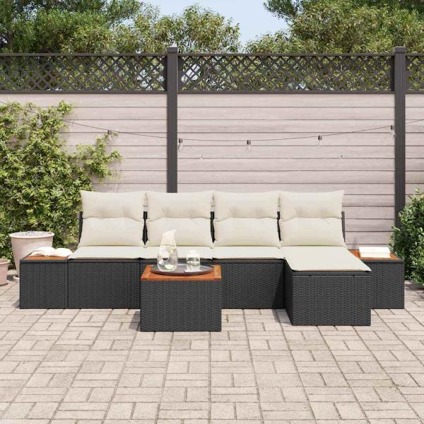 6-teiliges Garten Sofa Set mit Kissen Schwarz Poly Rattan Akazie
