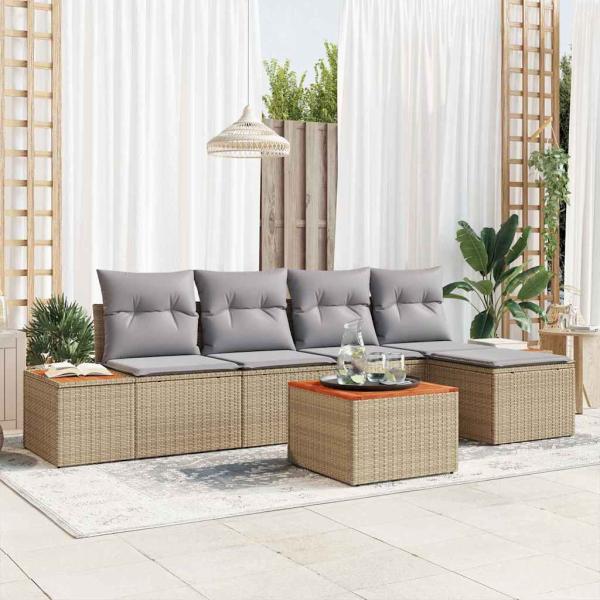 ARDEBO.de - 6-teiliges Garten-Sofa-Set mit Kissen - Beige Poly-Rattan Akazie