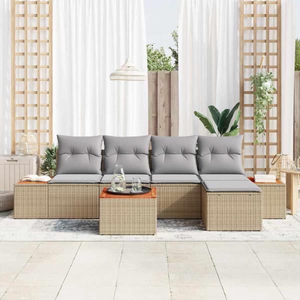 6-teiliges Garten-Sofa-Set mit Kissen - Beige Poly-Rattan Akazie