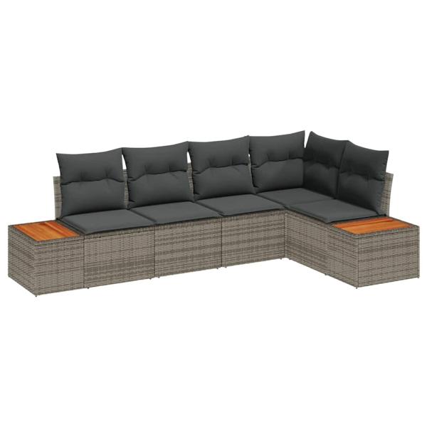 5-teiliges Garten Sofa Set mit Kissen Grau Poly Rattan Akazie