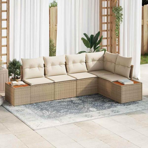 ARDEBO.de - 5-teiliges Garten Sofa Set mit Kissen Beige Poly Rattan Akazie