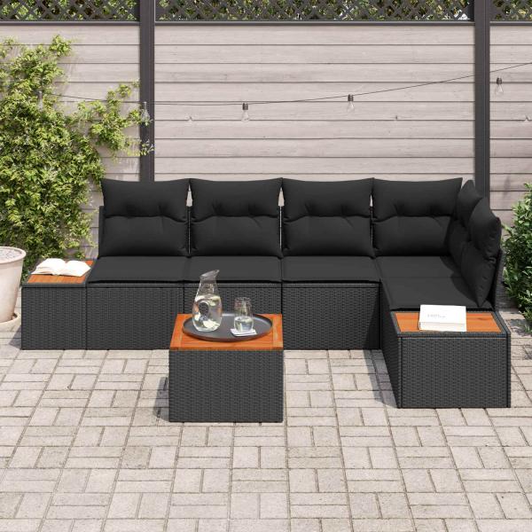 6-teiliges Garten-Sofa-Set mit Kissen Schwarz Poly-Rattan Akazie