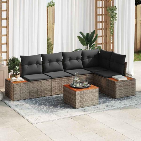 ARDEBO.de - 6-teiliges Garten Sofa Set mit Kissen Grau Poly Rattan Akazie