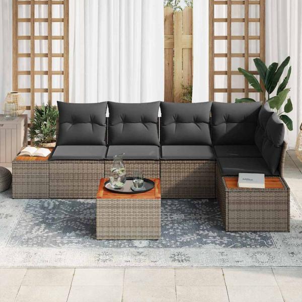 6-teiliges Garten Sofa Set mit Kissen Grau Poly Rattan Akazie