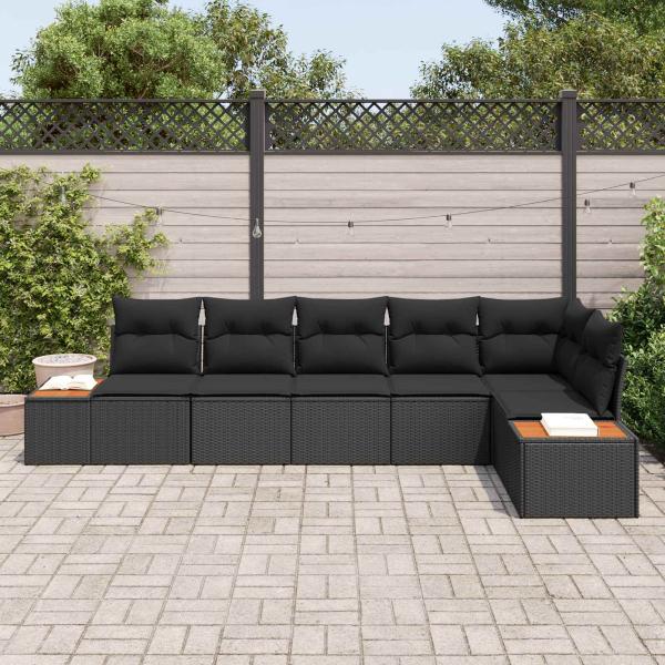 6-teiliges Garten Sofa Set mit Kissen Schwarz Poly Rattan Akazie